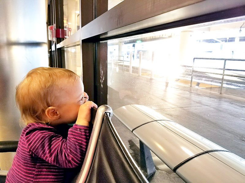 Toddler looking out the window at an airport.