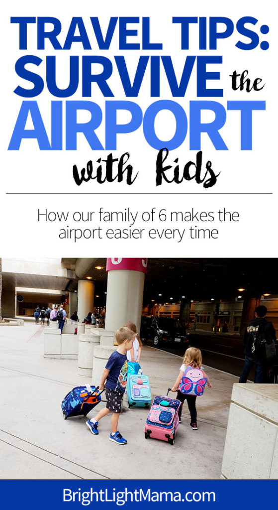 Text reading Travel Tips: Survive the Airport with Kids over an image of kids with suitcases.